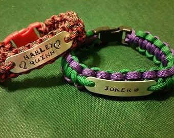 Joker or Harley Quinn Paracord Bracelet, Hand-stamped Metal Plate, DC Comics, Batman, Arkham, Suicide Squad