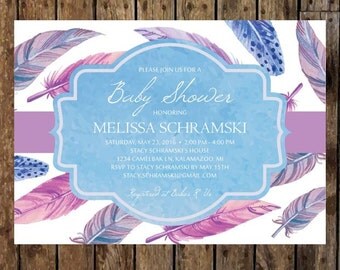 Printable 4.6 x 6.25 Tribal, Whimsical Feather Baby Shower Invitation. Pink, Purple & Blue Watercolor Feathers. Boho Chic Dreamcatcher.
