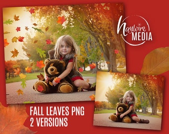 2 PNG Versions of Fall Leaves Falling on a Transparent Digital Background - Photoshop Overlays - Isolated Background
