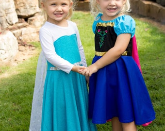 Anna and Elsa Dresses costumes, frozen birthday outfit halloween costume, princess Anna and Queen Elsa toddler little girl