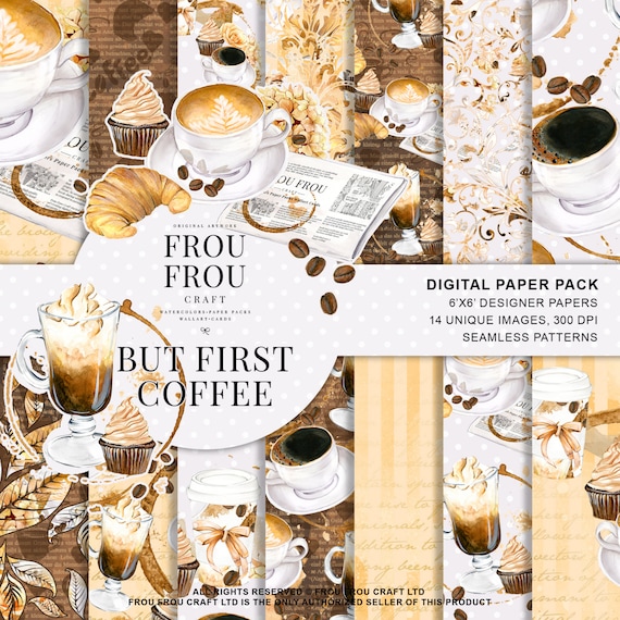Coffee Paper Pack Coffee Scrapbook Paper Watercolor Coffee Shop Digital Background Seamless Patterns Desserts Planner Supplies Coffee Lovers