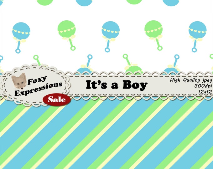 Baby Boy Digital Paper with fun baby block stripes, ratttle polka dots, chevron, etc in blue, green & yellow for personal and commercial use