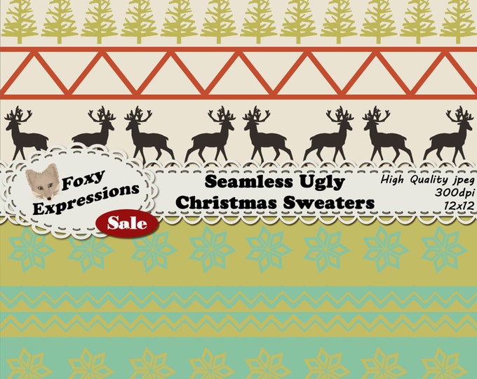 Seamless Ugly Christmas Sweater Digital paper in shades of green, cream, reds, and black. Designs are deer, hearts, ornaments, trees & snow