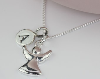 Solid Silver Guardian Angel Charm Necklace Personalised with a Solid Silver Stamped Initial Charm