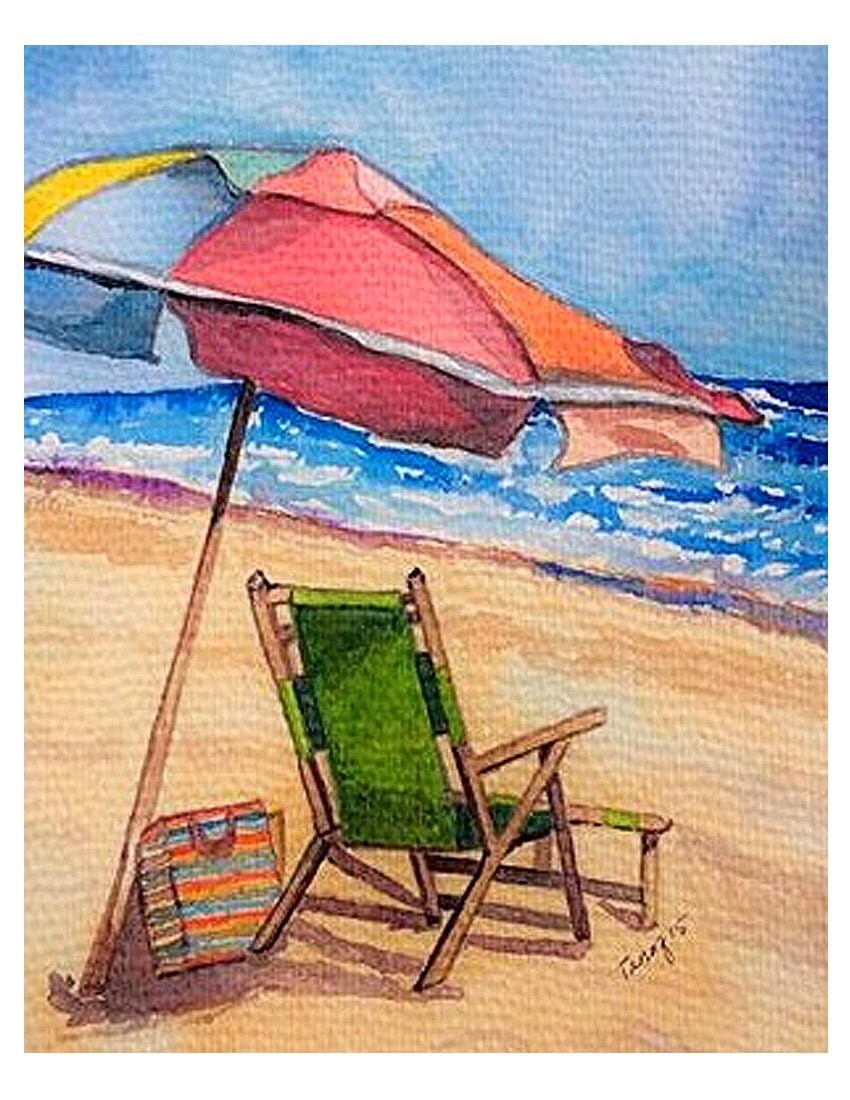 watercolor painting beach chair umbrella ocean scene print
