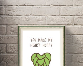 Happy Heart Beer Poster; Craft Beer, Beer Art, Home Decor, Poster Print, Beer Saying, Beer Lover, Anniversary, Beer Hops, IPA