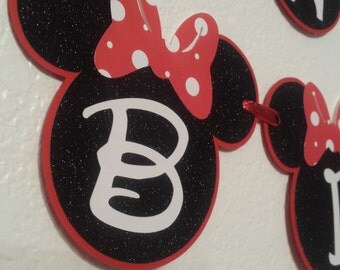 Minnie Mouse Birthday Banners,Red and Black Glitter Minnie Mouse,Minnie Mouse party decorations