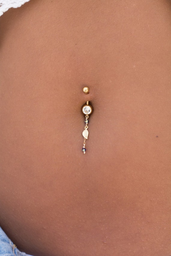 Gold belly button ring tiny leaf belly button piercing boho