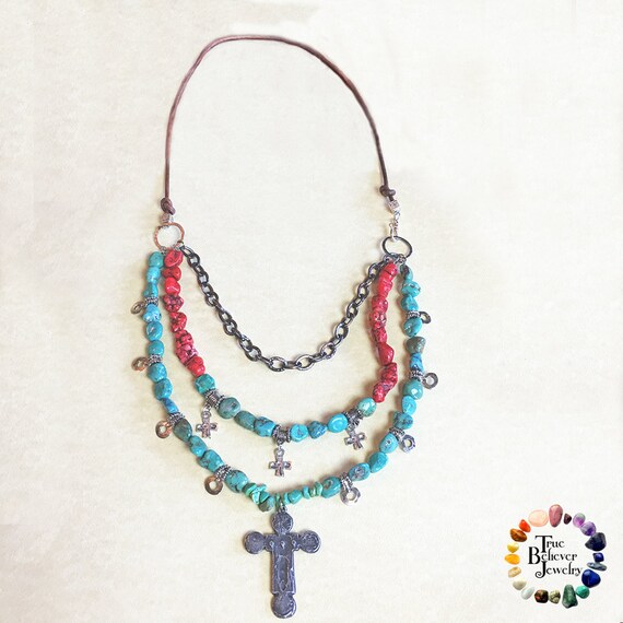 Silver Cross And Turquoise Beaded Necklace