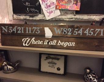 Latitude & Longitude sign, house sign, home sign, address sign, pallet sign, Where it all began, farmhouse sign, state map, farmhouse decor