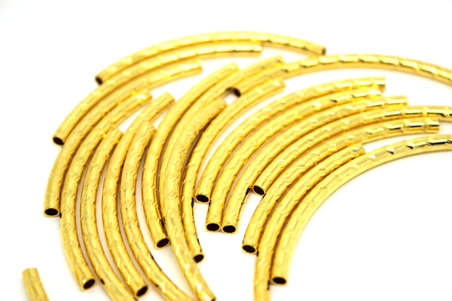 50mm x 3mm Gold Brass Long Curved Noodle Tube Beads Hammered