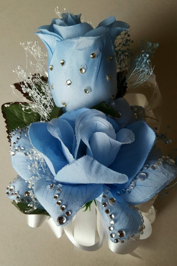 Handmade Baby Blue Corsage or Wristlet for Prom or Weddings
 White And Baby Blue Corsage