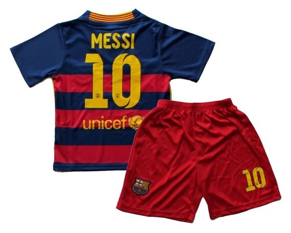 Barcelona Messi Home Kids Soccer Jersey and Shorts by DreamerUSA