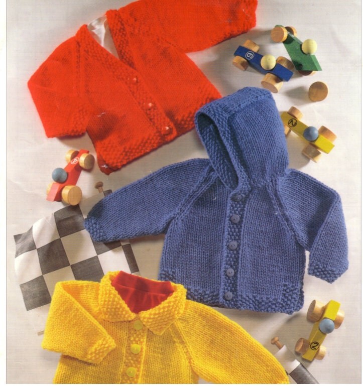 Knit Baby Jacket with hood collar and v-neck vintage pattern