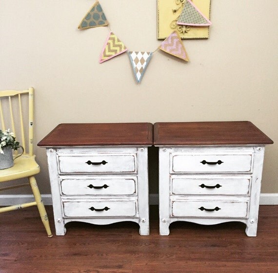 Items similar to SOLD Bedside Tables White Distressed Nightstands