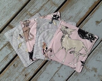 Cat Print Fabric Coasters/Alexander Henry The Ghastlies/Moth/Insect/Spider Web/Goth Home Decor/Rose and Grey/Set of 4