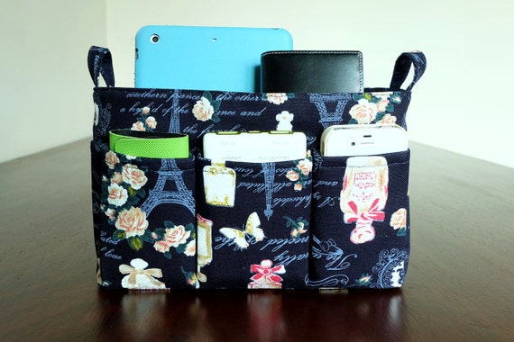 Blue Floral Purse Organizer Bag Insert Cotton Linen by chiangmai2u