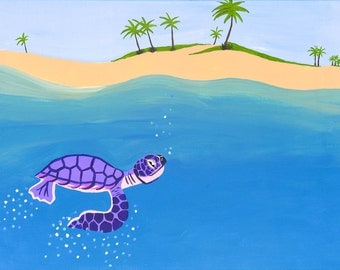 Art Print 8.5x11" Sea turtle Hatchling Offshore with Palm Trees