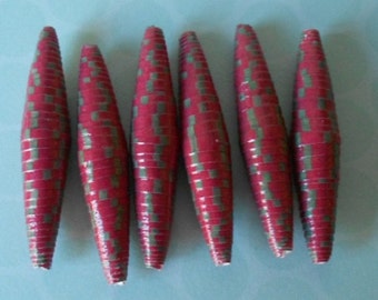 6 Handmade paper focal beads, red and green