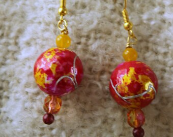 Earrings, Pink, Yellow, Red, Beaded earrings, Drop earrings, Dangle earrings, bead dangle earrings
