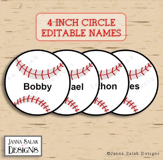 4 baseball tags with editable names instant download diy