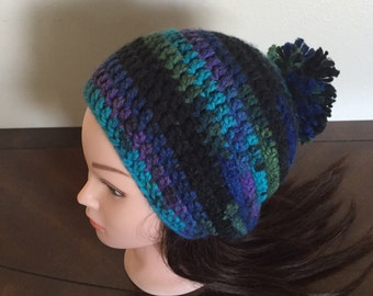 Womens winter hat, multi color hat, fall fashion, slouchy hat, crochet hat, pom pom hat,