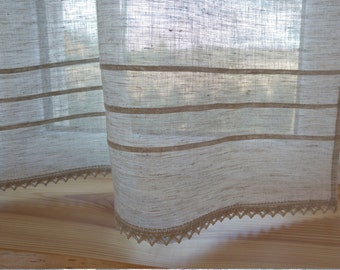 Linen curtain panel, grey curtain panel with lace, kitchen curtain, bathroom curtain, decorative curtain, cafe curtain