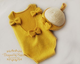 CHLOE stretch romper + tieback - baby girl photo prop - newborn prop - newborn mustard yellow romper - elegant newborn romper