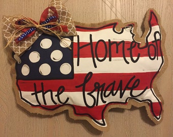 United States Painted Burlap Door Hanger; 4th of July door Hanger; patriotic door hanger; burlap door hanger