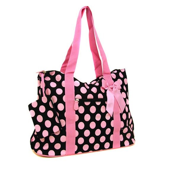Black and Pink Polka Dot large Tote bag for carry on craft