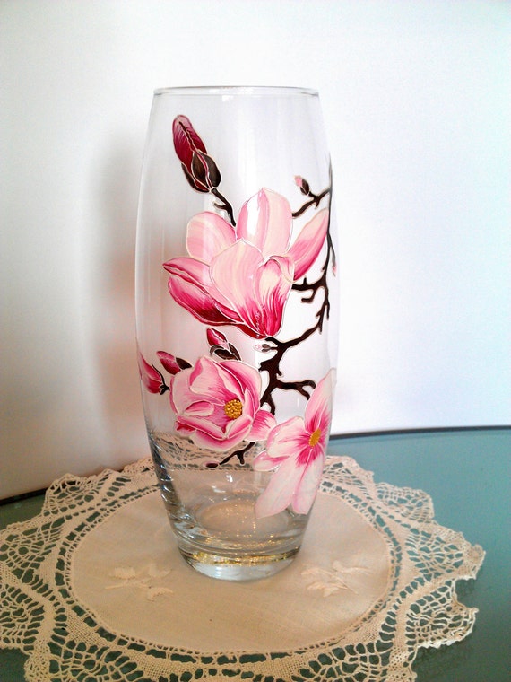 Magnolia Glass vase Hand painted vase Hand by PaintedglassbySveti