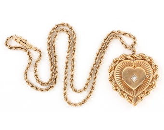 Estate 14K Solid Yellow Gold Diamond Heart Locket Twisted Rope Chain Necklace 38.9 Grams