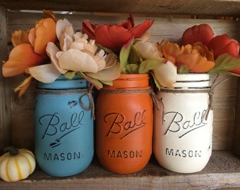 Painted Mason Jars. Fall Vases. Fall Decor. Rustic Decor. Home Decor. Thanksgiving Decor. Fall Wedding Centerpieces. Holiday Decor.