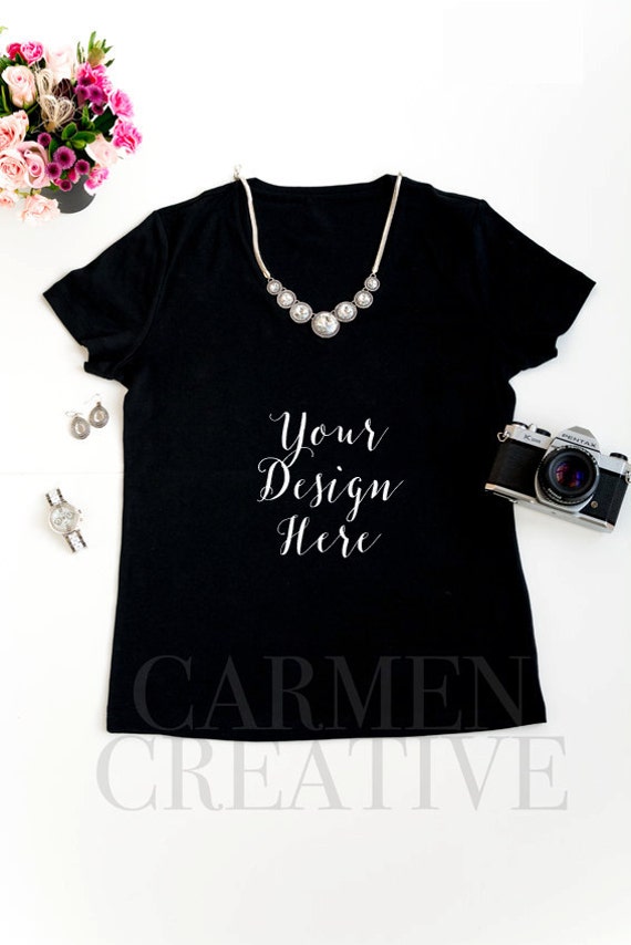 Download Flat Lay Black T-Shirt Mockup Stylish by CarmenCreativeShop