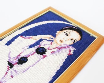 Needlepoint Canvas. Framed Needlepoint Tapestry. Vintage Canvas Embroidery. Pierrot. Colombine. French Country. Nursery Decor. Wall Hanging