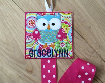 Large Square Owl Bow Holder - Personalized Hairbow Holder - Owl Hair Bow Holder - Embroidered Bow Holder