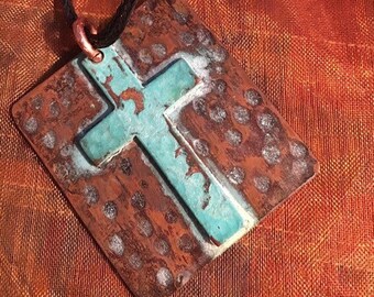 Necklace | Boho Cross Necklace | Copper Cross Pendant Aqua Patina Necklace | Christian Jewelry | Boho Christian #carefreejewelry
