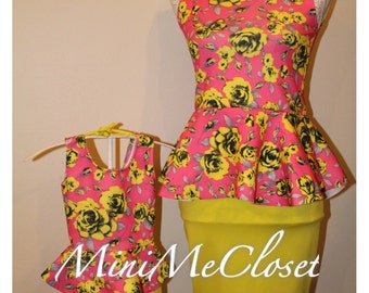 Matching Mother and Daughter Dress (Mom and Me) - Pink Floral Peplum Top and skirt