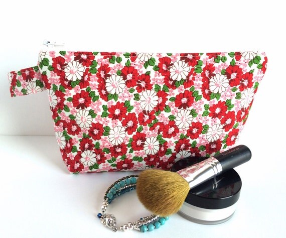 Red Makeup Bag Floral Cosmetic Case Zipper pouch Foral