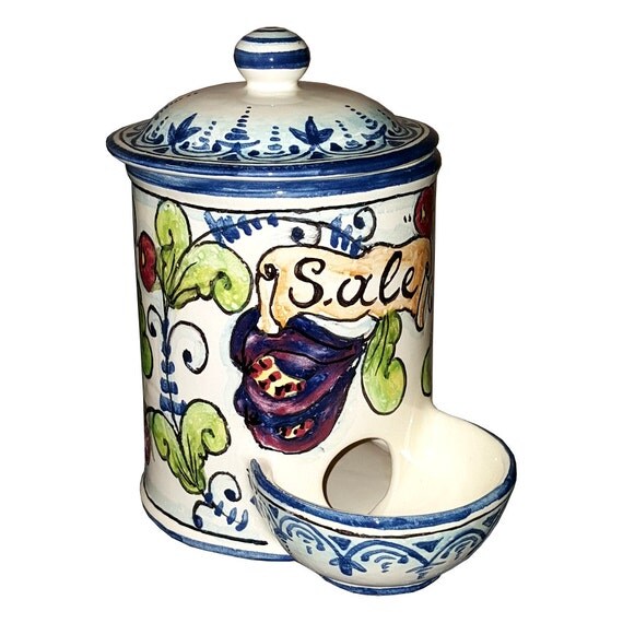 Italian Ceramic Jar Salt Holder Hand Painted Made in ITALY