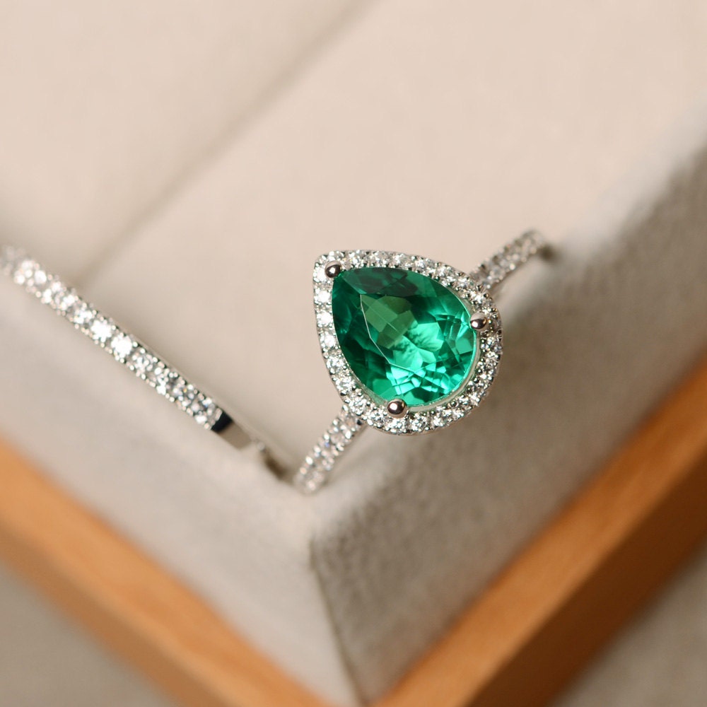 Emerald ring engagement ring pear cut ring emerald