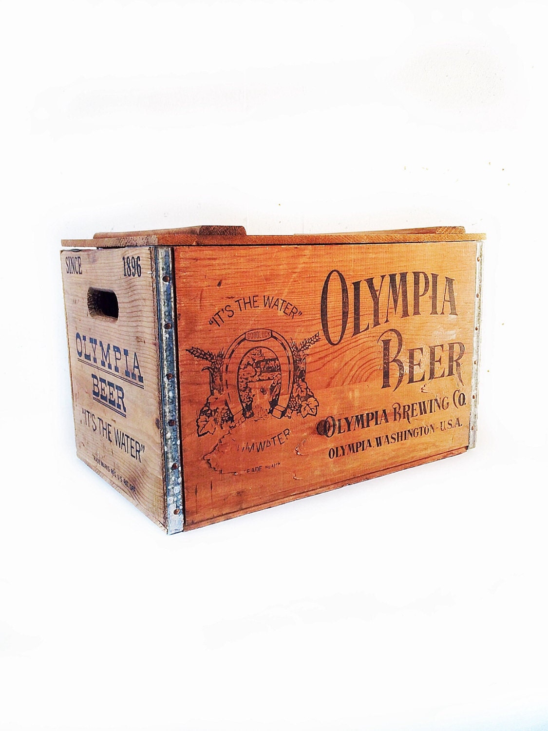 Wooden Beer Crate With Hinged Lid, Olympia Beer Crate, Vintage Wood and