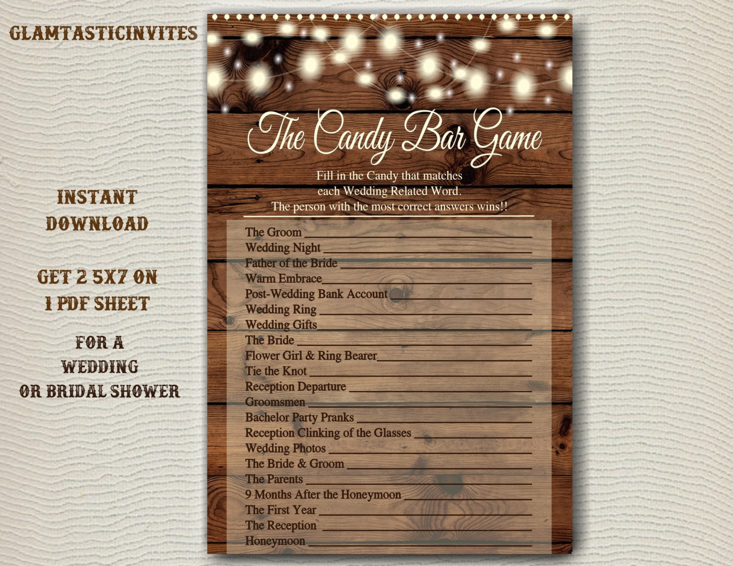 Bridal Shower Candy Game Candy Bar Game Rustic Bridal