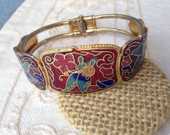 Red Cloisonne bracelet, cloisonne bracelets, red cloisonne bracelet, vintage cloisonne bracelets clamper bracelet, cloisonne jewelry