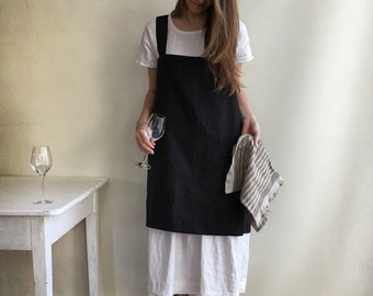 Linen Pinafore Apron, Dark Pinafore Apron Woman, Square-Cross Apron, no-ties apron, Japanese apron, linen smock, Apron dress, mothers day