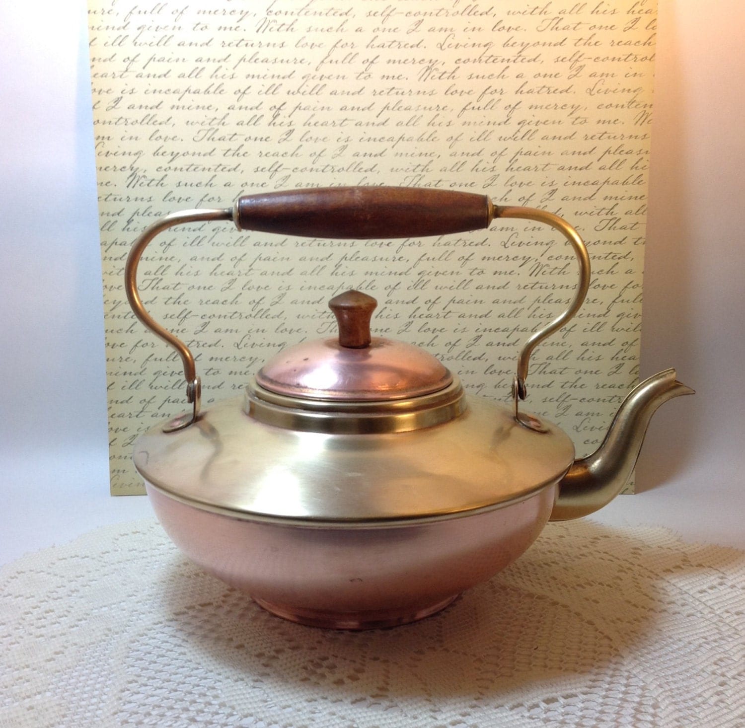 Vintage Copper and Brass Kettle Teapot with Wood Handle Made