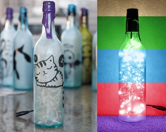 New- Sleeping Kitten - Wine Bottle Light - Frosted Pale Blue - Customizable + Color(s)&Adapter(s)- Cat Gift For Him or Her.