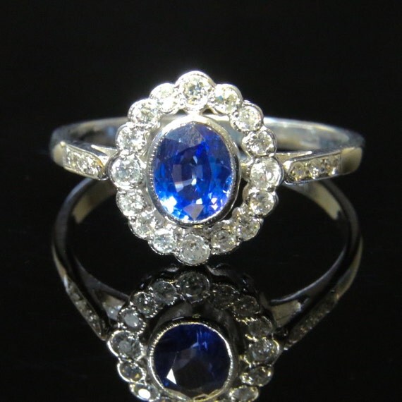 Antique Edwardian Sapphire & Diamond Ring 18CT White Gold Ring