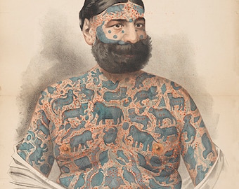 Vintage poster of Tattooed Man Sideshow, Captain George Costentenus Vintage Print - Antique Advertising Art - Tattoo Greek - Circus Ephemera