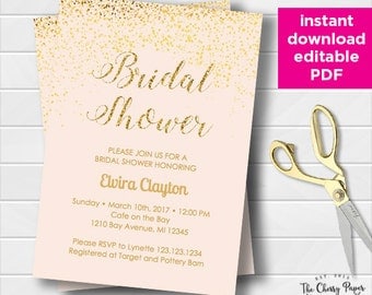 INSTANT DOWNLOAD Bridal Shower Invitation, Bridal Invite, Printable, DIY, Dots, Gold, Confetti,Glitter, Pink, Editable, COG01